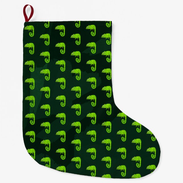 Green cute chameleon large christmas stocking (Front)