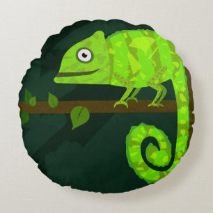 Green cute chameleon round pillow