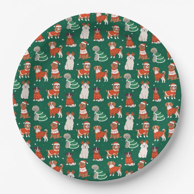 Green Cute Christmas Dogs Holiday Puppy Pattern Paper Plate (Front)