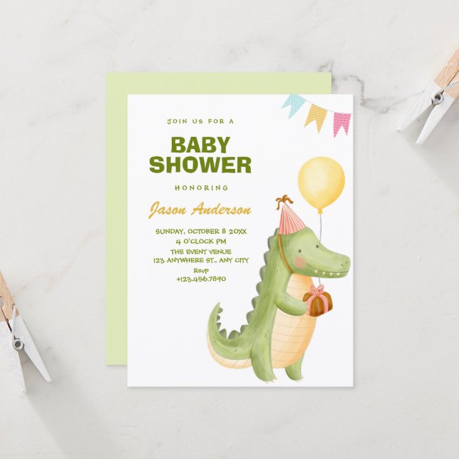 Green cute crocodile baby shower invitation (Front/Back In Situ)