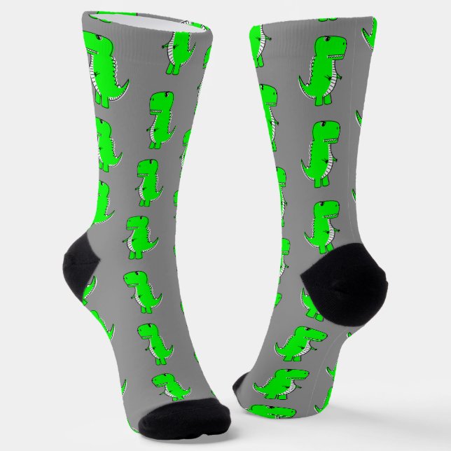 Green Cute Dino Grey Socks (Angled)