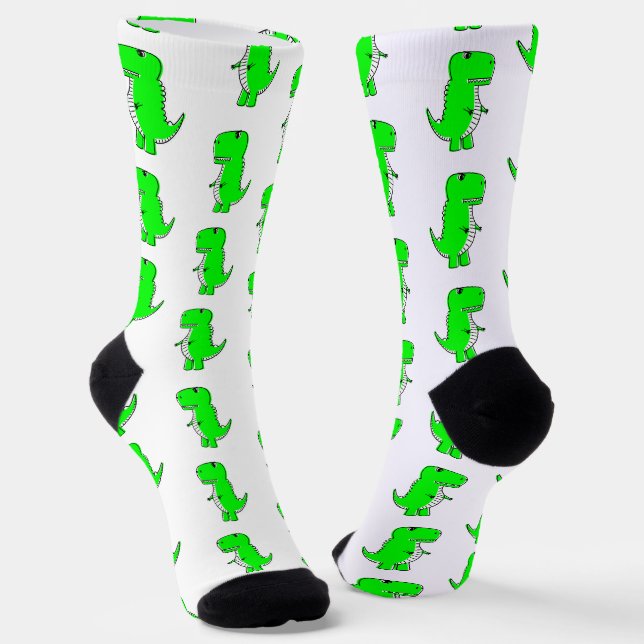 Green Cute Dino White Socks (Angled)