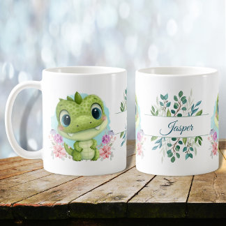Green Cute Dinosaur Floral Themed Personalized Coffee Mug