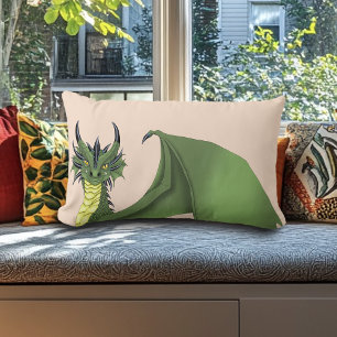 Green Cute Dragon Portrait Peach Fantasy Lumbar Pillow