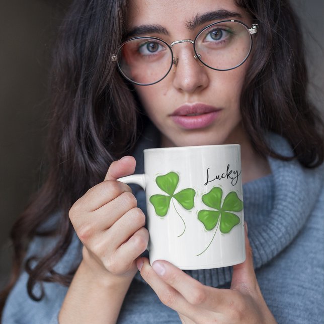 Green Cute Four Leaf Clover Personalized Coffee Mug (Lucky four leaf clover custom mug)