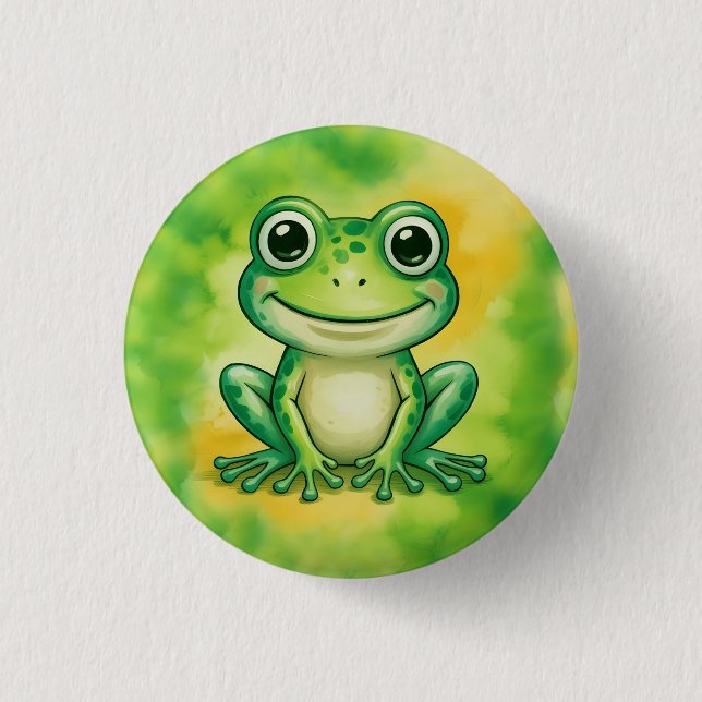 Green cute frog 1 inch round button (Front)