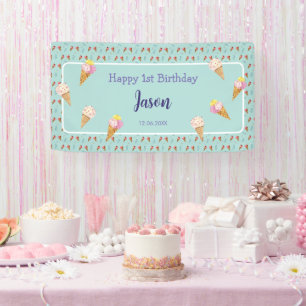 Green Cute Ice Cream Cone Kids Boy Birthday Banner