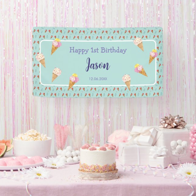 Green Cute Ice Cream Cone Kids Boy Birthday Banner (Party)