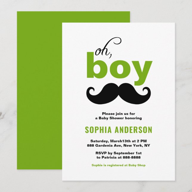Green Cute It's a Boy Moustache Baby Shower Invitation (Front/Back)