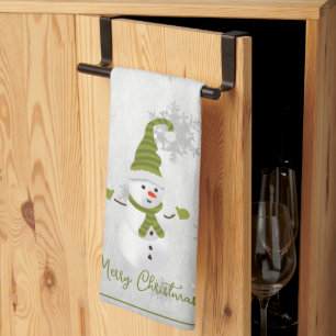 Green Cute Snowman Holiday Kitchen Towel