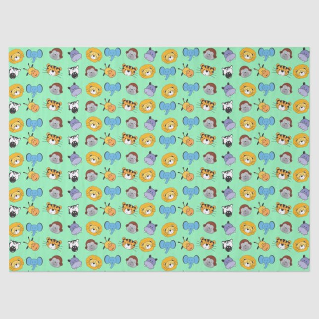 Green Cute Wild One Animal Illustrations Safari Tissue Paper (Front)
