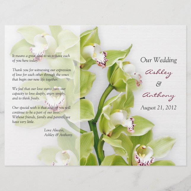 Green Cymbidium Orchid Floral Wedding Programme (Devant)