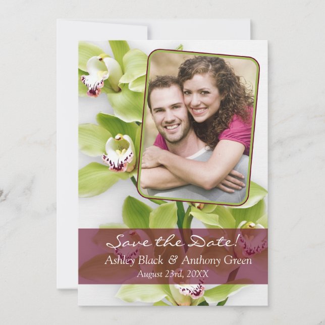 Green Cymbidium Orchid Photo Wedding Save the Date (Front)