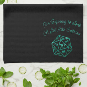 Green D20 Critmas Fantasy Tabletop Gamer Dice Kitchen Towel