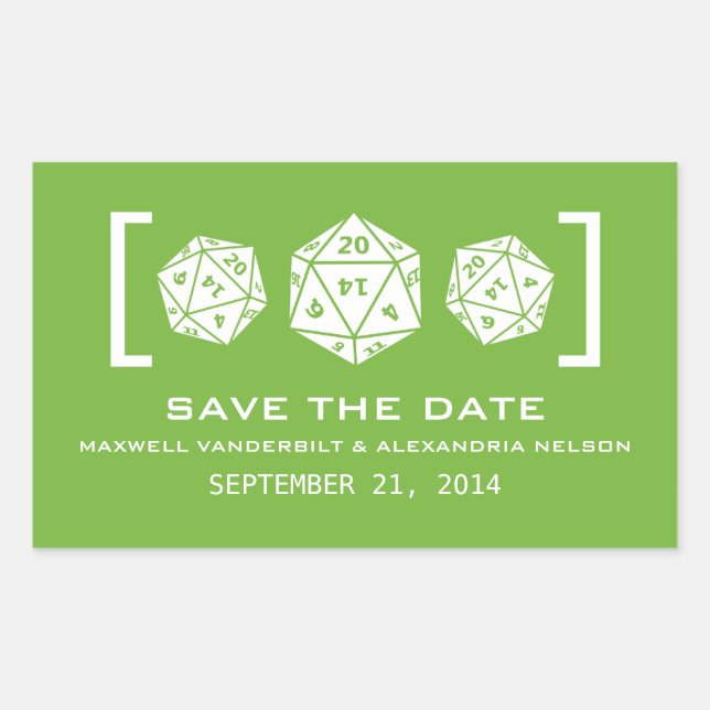 Green D20 Dice Gamer Save the Date Stickers (Front)