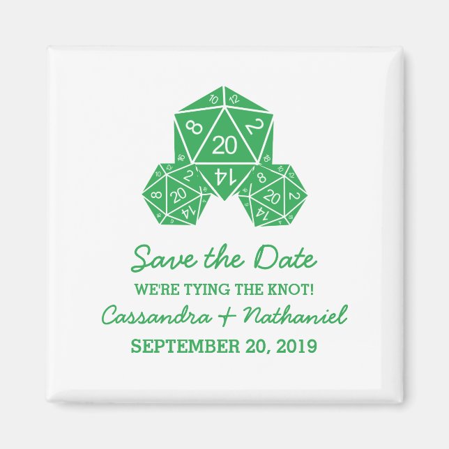 Green D20 Dice Save the Date Magnet (Front)