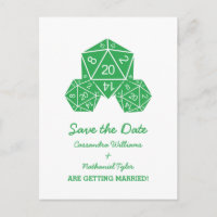 Green D20 Dice Save the Date Postcard