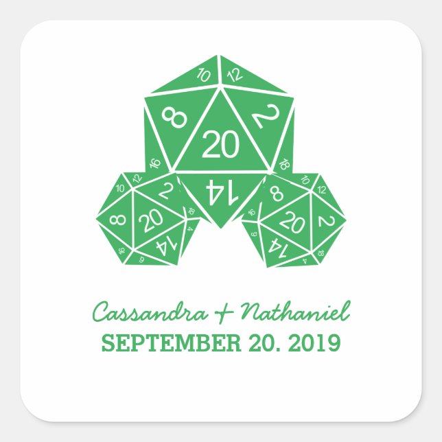 Green D20 Dice Wedding Stickers (Front)