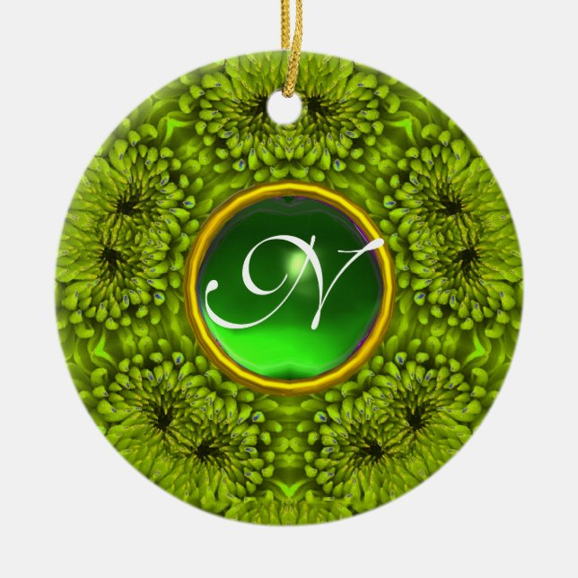 GREEN DAHLIA EMERALD MONOGRAM CERAMIC ORNAMENT (Front)