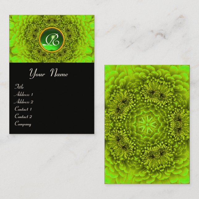 GREEN DAHLIA FLOWER PETALS EMERALD GEM MONOGRAM BUSINESS CARD (Front/Back)