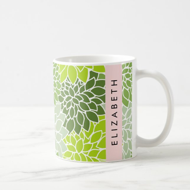 Green Dahlia Flowers, Floral Pattern, Your Name Coffee Mug (Right)