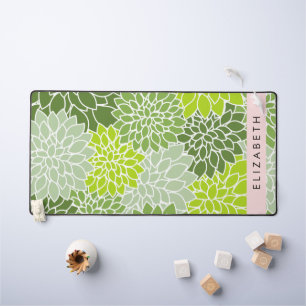 Green Dahlia Flowers, Floral Pattern, Your Name Desk Mat