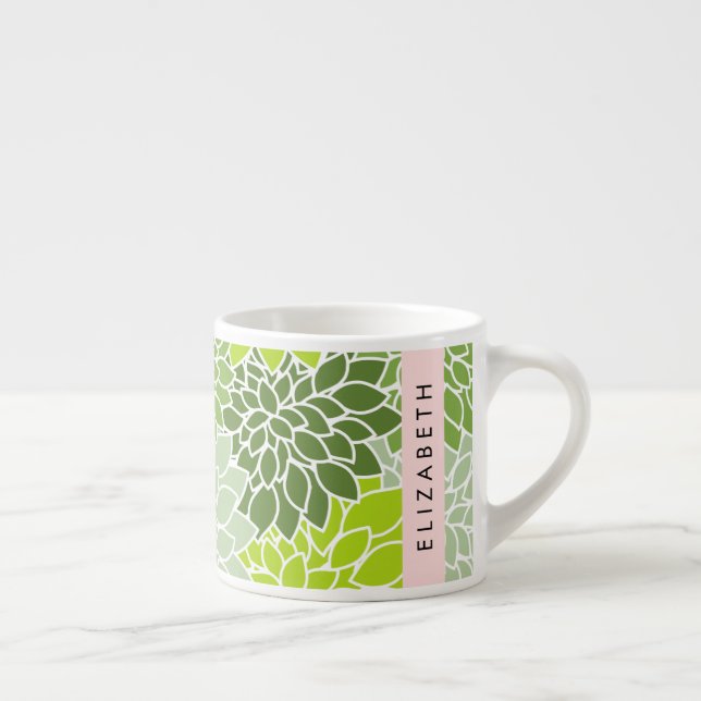 Green Dahlia Flowers, Floral Pattern, Your Name Espresso Cup (Right)