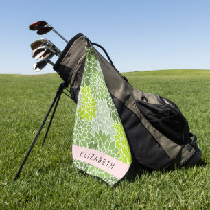 Green Dahlia Flowers, Floral Pattern, Your Name Golf Towel