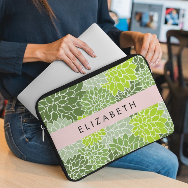 Green Dahlia Flowers, Floral Pattern, Your Name Laptop Sleeve (Creator Uploaded)