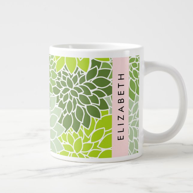 Green Dahlia Flowers, Floral Pattern, Your Name Large Coffee Mug (Right)