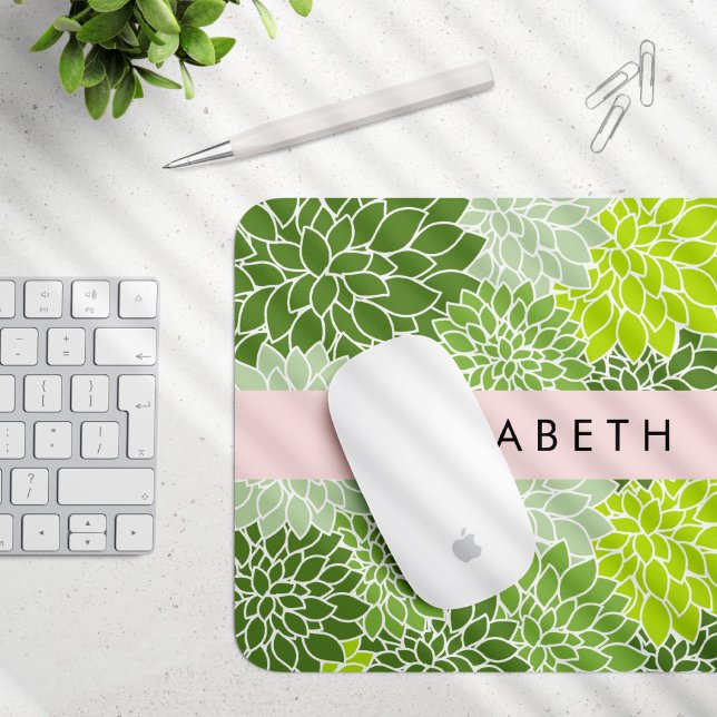 Green Dahlia Flowers, Floral Pattern, Your Name Mouse Pad (Creator Uploaded)