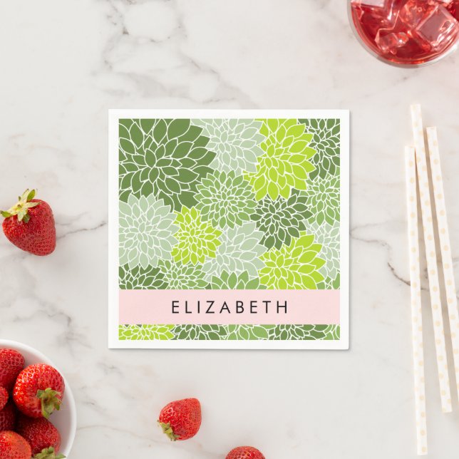 Green Dahlia Flowers, Floral Pattern, Your Name Napkin (Insitu)