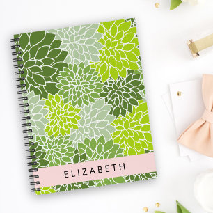 Green Dahlia Flowers, Floral Pattern, Your Name Notebook