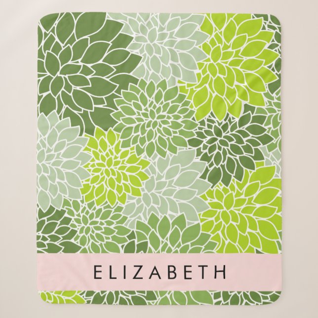 Green Dahlia Flowers, Floral Pattern, Your Name Sherpa Blanket (Front)
