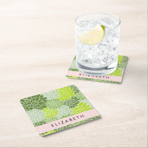 Green Dahlia Flowers, Floral Pattern, Your Name Square Paper Coaster