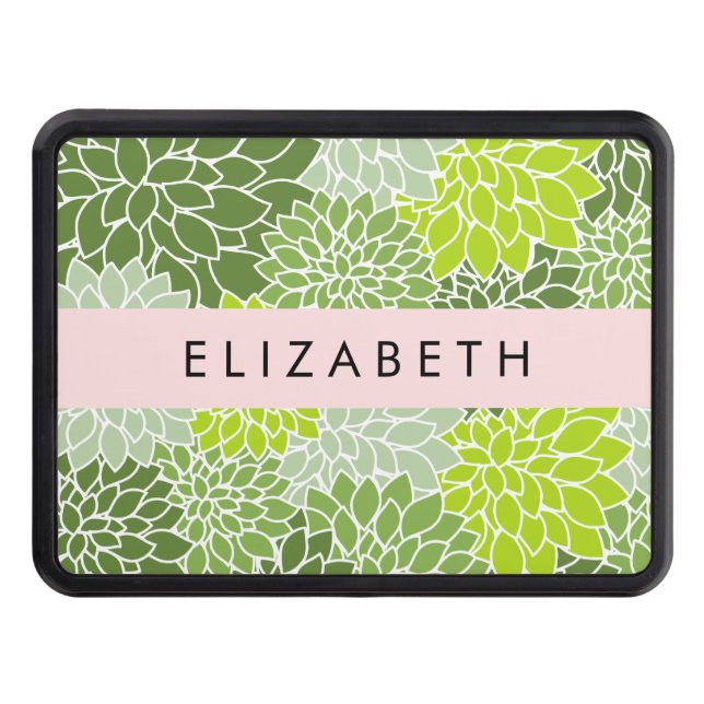 Green Dahlia Flowers, Floral Pattern, Your Name Trailer Hitch Cover (Front)