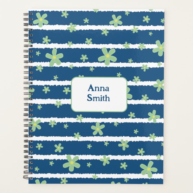  Green Daisies on Blue_ Floral Pattern Script Planner (Front)