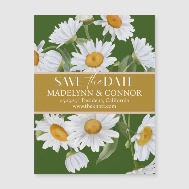 Green Daisies Smooth Script Photo Save the Date  Magnetic Invitation (Front)