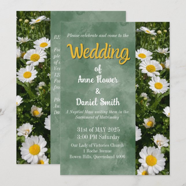 Green Daisy Catholic Wedding Invitation (Front/Back)