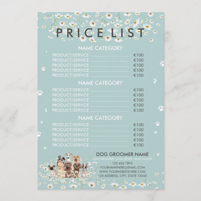 Green Daisy Flower Dog Groomer Price List Menu (Front)