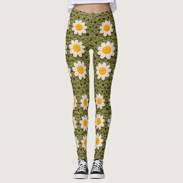 Green Daisy Granny Square Crochet Pattern Floral Leggings (Front)