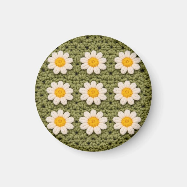 Green Daisy Granny Square Crochet Pattern Floral Magnet (Front)