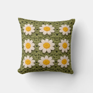 Green Daisy Granny Square Crochet Pattern Floral R Throw Pillow