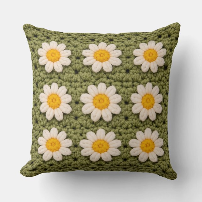 Green Daisy Granny Square Crochet Pattern Floral R Throw Pillow (Front)