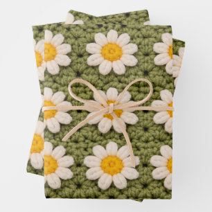 Green Daisy Granny Square Crochet Pattern Floral R Wrapping Paper Sheet
