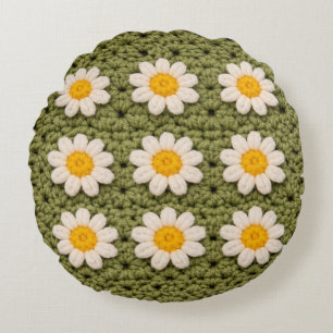 Green Daisy Granny Square Crochet Pattern Floral Round Pillow