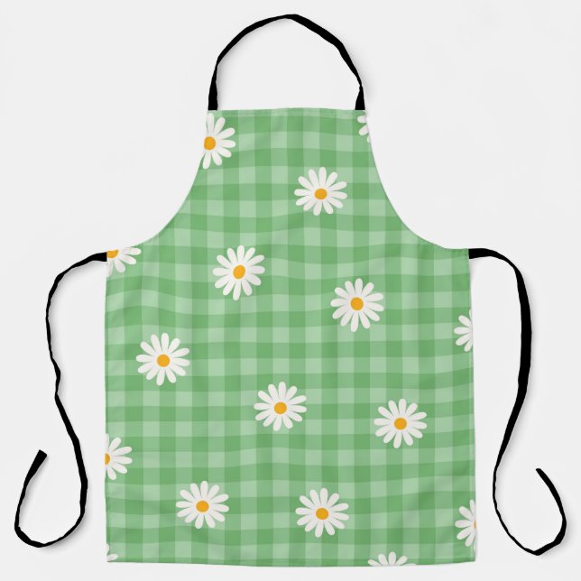 Green Daisy Plaid Gingham Check Flower Pattern Apron (Front)