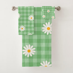Green Daisy Plaid Gingham Check Flower Pattern Bath Towel Set