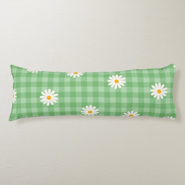 Green Daisy Plaid Gingham Check Flower Pattern Body Pillow (Front)