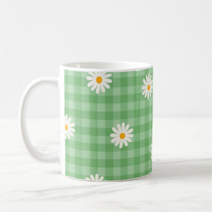 Green Daisy Plaid Gingham Check Flower Pattern Coffee Mug